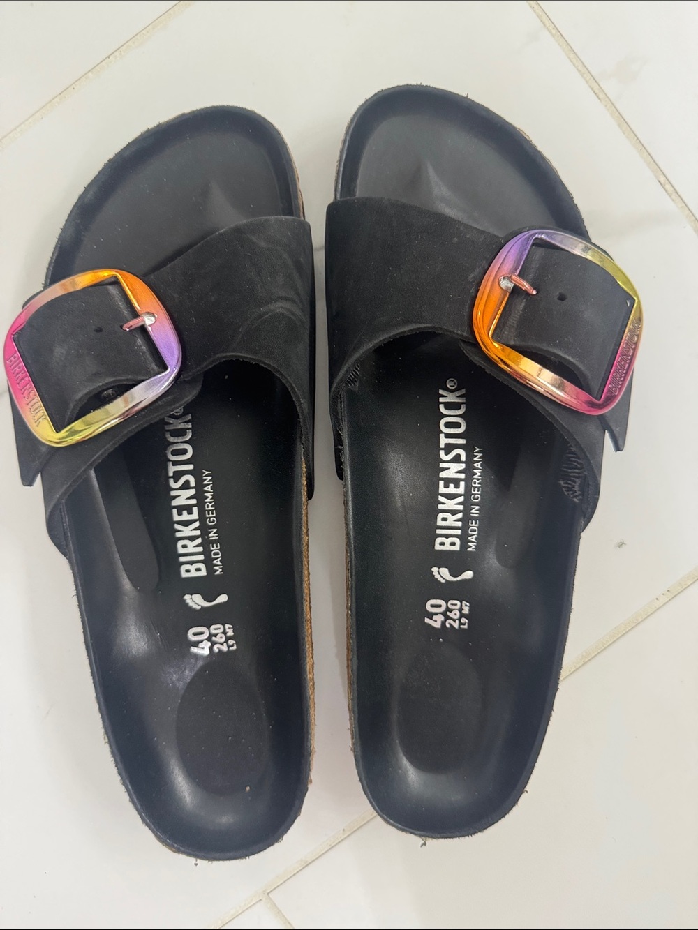 Birkenstock women’s Black Madrid Suede Slide Sandals with Rainbow Buckle
